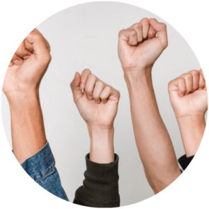 raised hands in circle format